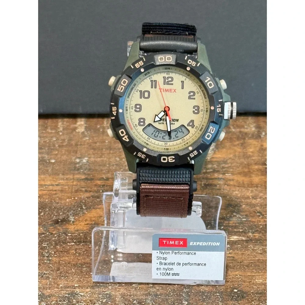 Timex Expedition Watch Mens OS Green Brown Analog Digital Nylon T45181 9J Sporty